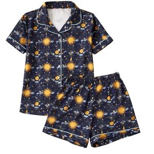 Pink Lily Celestial Sun Moon Star Pajama Set Size Large Navy Blue Sleepwear